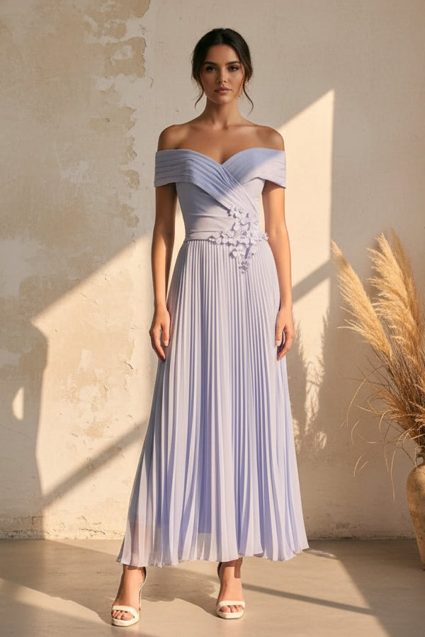 Off Shoulder Pleated Midi Dress with 3D Flowers