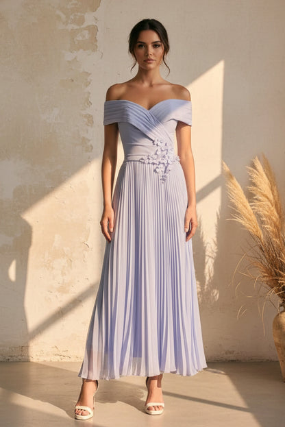 Off Shoulder Pleated Midi Dress with 3D Flowers