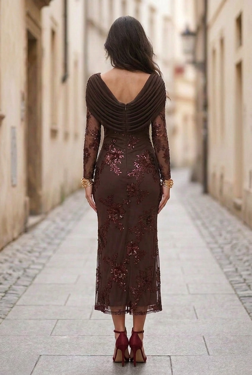 Draped Cowl Neck Sequin Floral Ankle-Length Dress