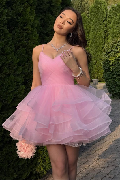 Tiered Ruffle Tulle Mini Dress with Lace-Up Back