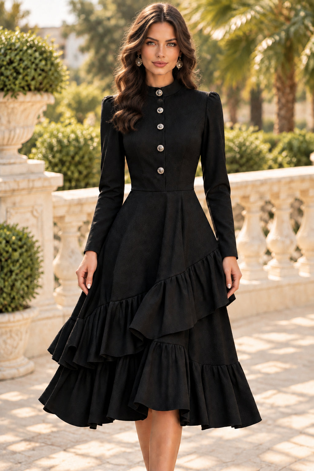 High-Neck Midi Dress with Asymmetric Ruffle Hem