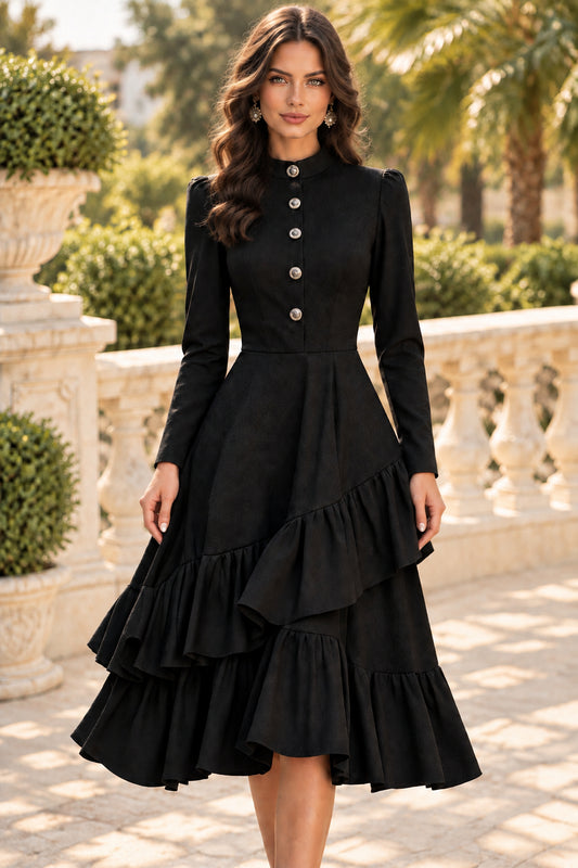 High-Neck Midi Dress with Asymmetric Ruffle Hem