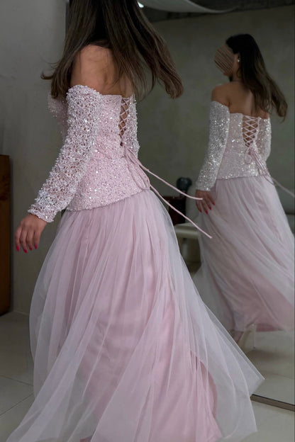 Sequin Lace-Up Corset Tulle Maxi Dress