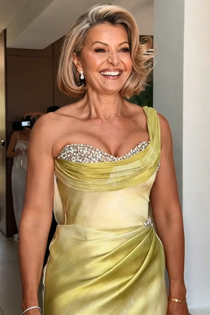 One-Shoulder Pleated Satin Evening Gown