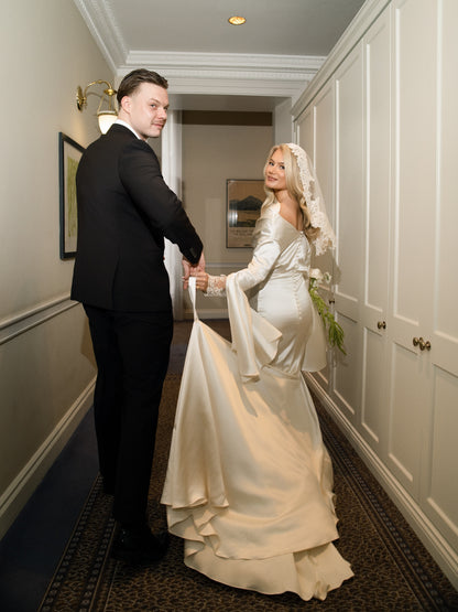 Satin Sheath Wedding Dress with Draped Sleeves