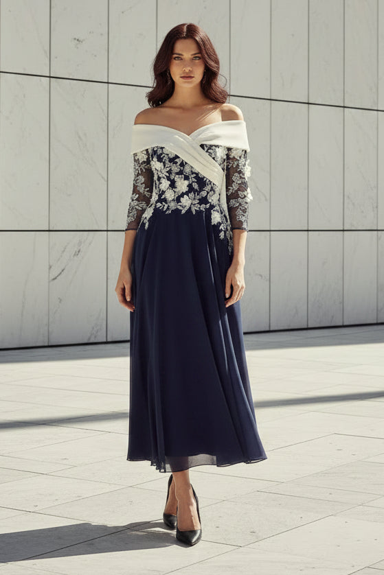 Off-the-Shoulder Lace A-Line Tea-Length Dress