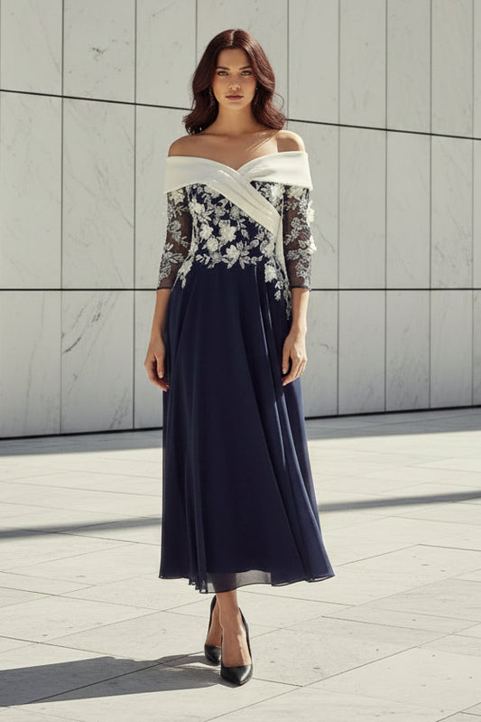 Off-the-Shoulder Lace A-Line Tea-Length Dress