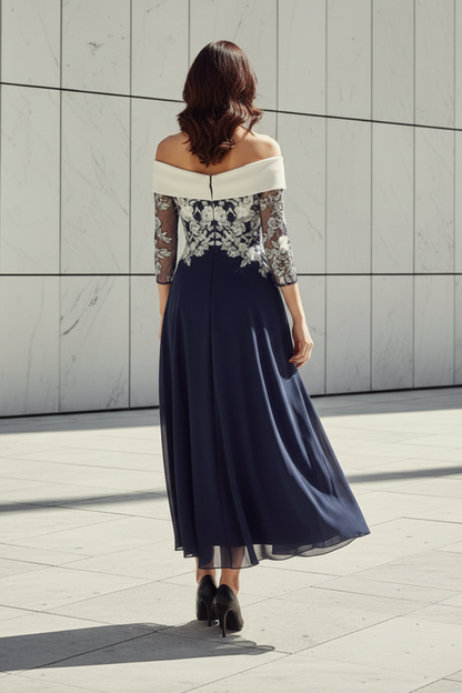 Off-the-Shoulder Lace A-Line Tea-Length Dress