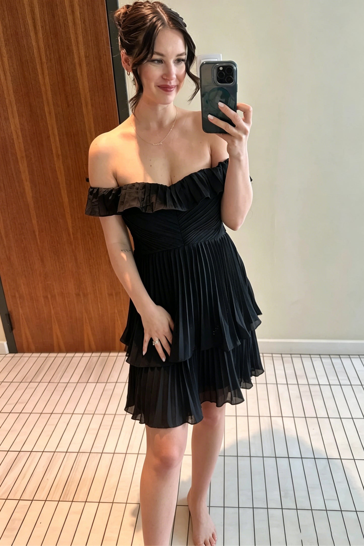 Off-the-Shoulder Pleated Tiered Mini Dress