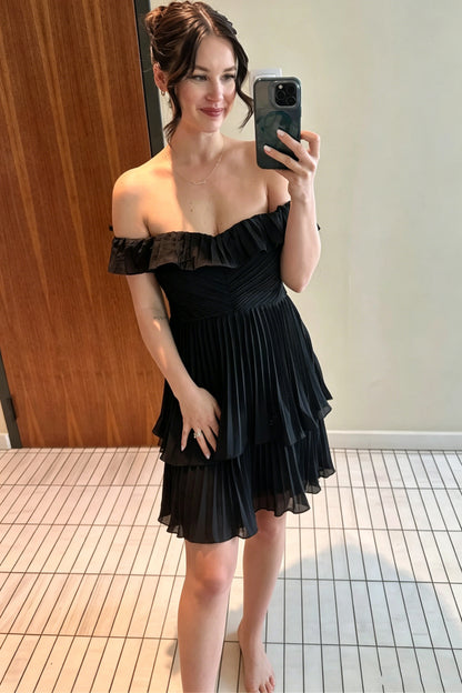Off-the-Shoulder Pleated Tiered Mini Dress