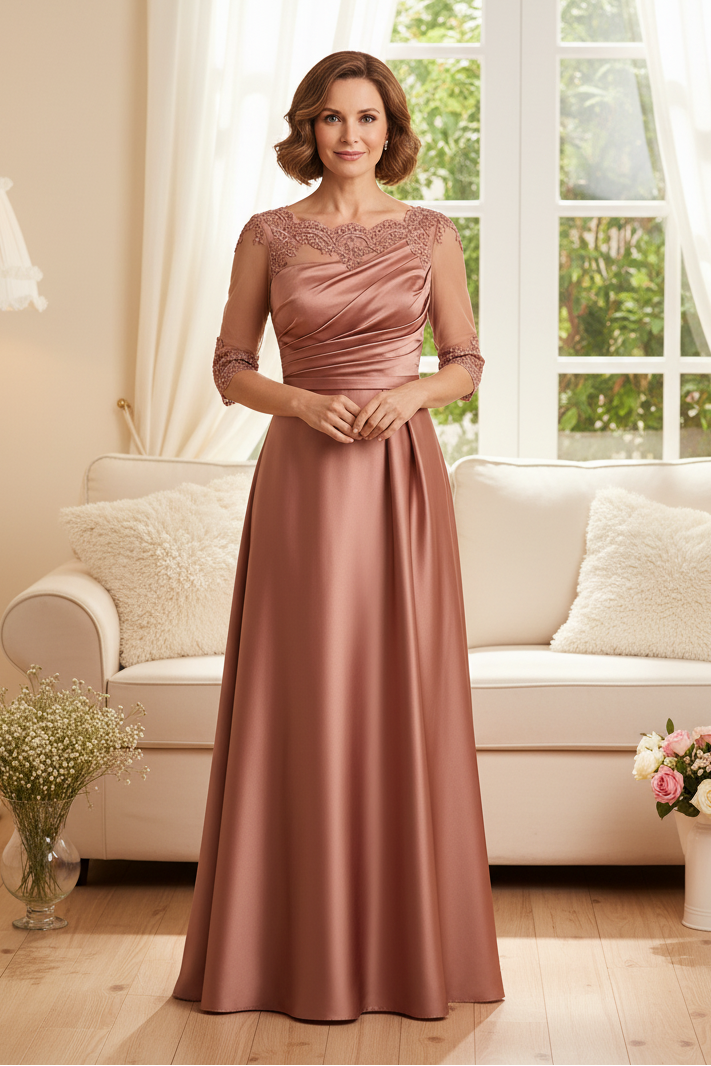 Illusion Lace Satin A-Line Evening Gown
