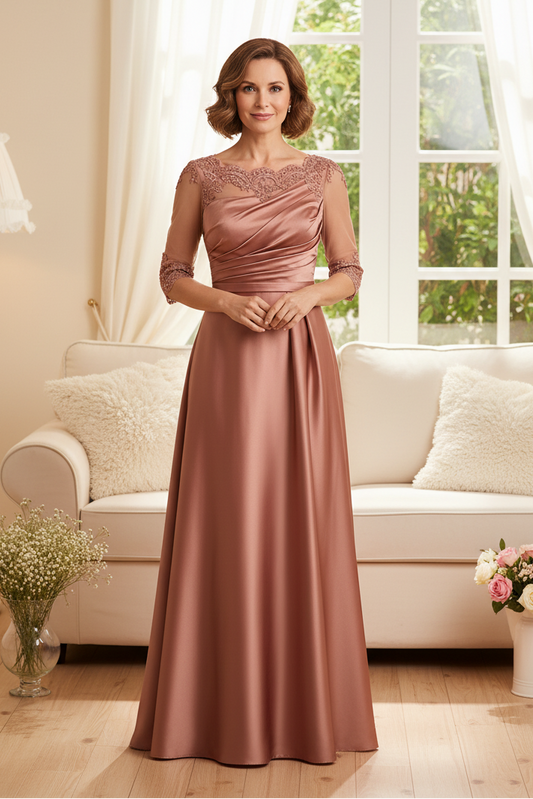 Illusion Lace Satin A-Line Evening Gown