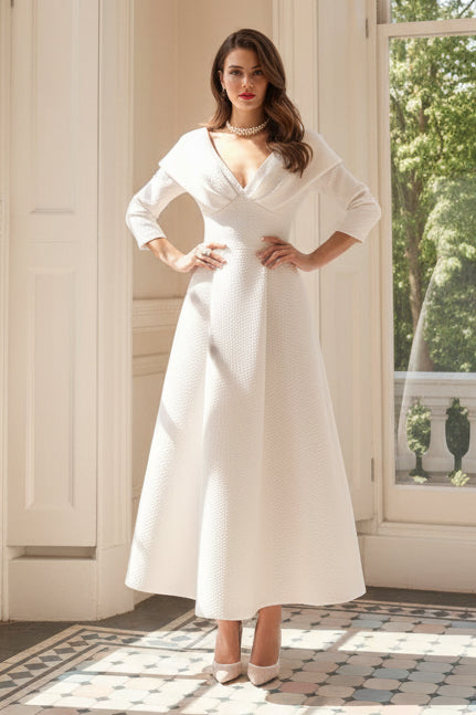 Textured V-Neck A-Line Tea-Length Dress