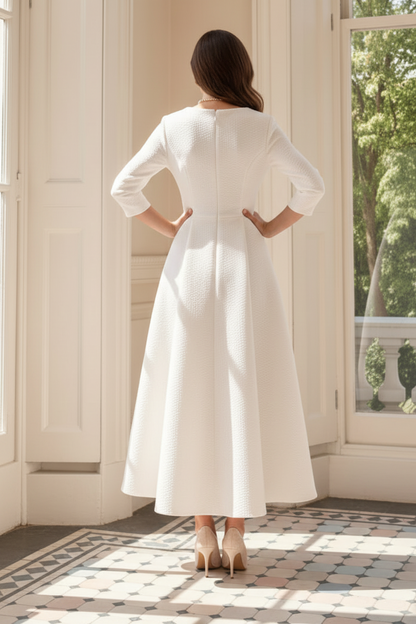 Textured V-Neck A-Line Tea-Length Dress