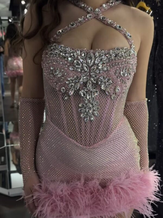 Rhinestone Halter Corset Mini Dress with Feathers