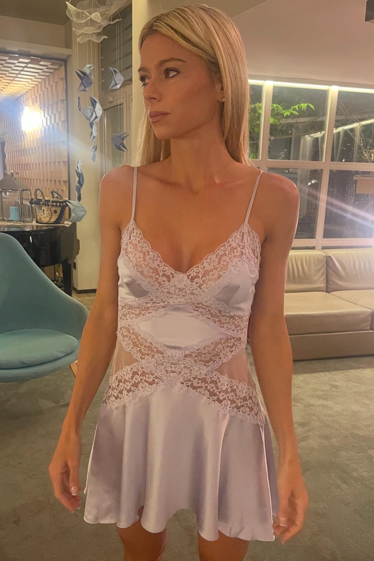Lace Trim Satin Cami Mini Slip Dress