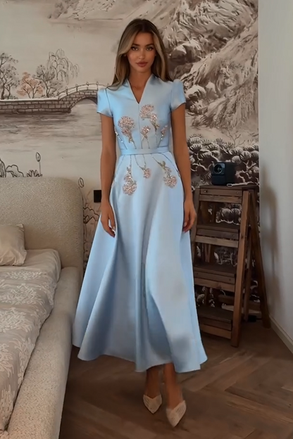 Embroidered Satin A-Line Ankle-Length Dress