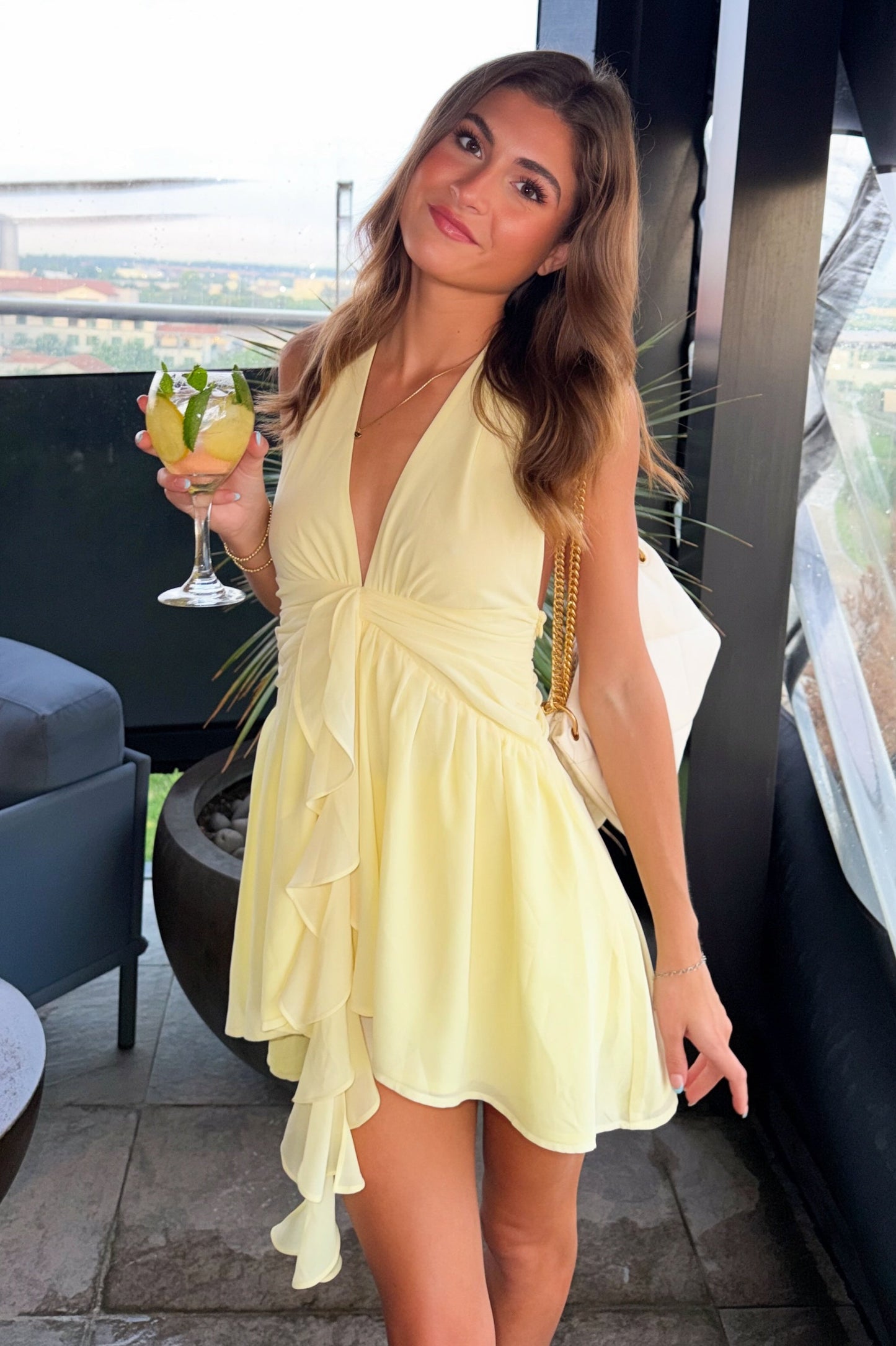 Ruffle Front Halter Mini Dress with Deep V Neckline