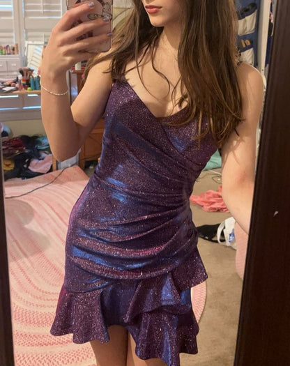 Ruched Metallic Ruffled Homecoming Mini Dress