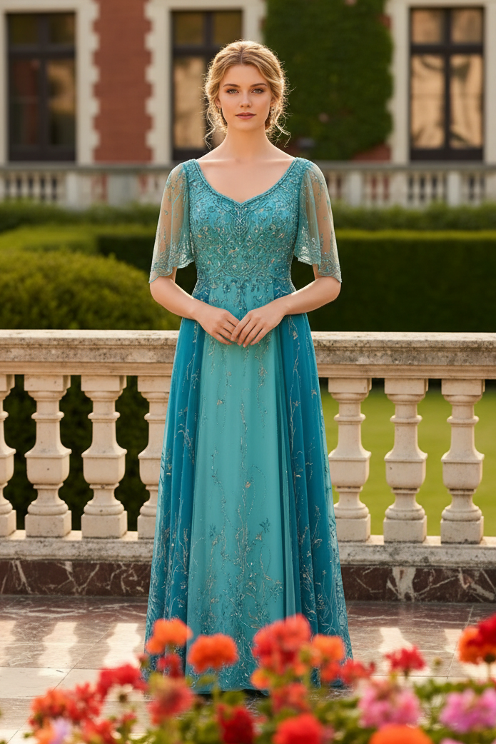 Beaded Floral A-Line Formal Gown with Flutter Sleeves