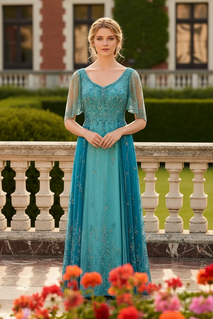 Beaded Floral A-Line Formal Gown with Flutter Sleeves