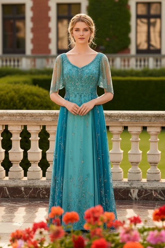 Beaded Floral A-Line Formal Gown with Flutter Sleeves