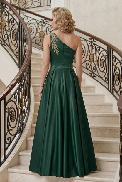 One-Shoulder Pleated A-Line Gown with Pockets