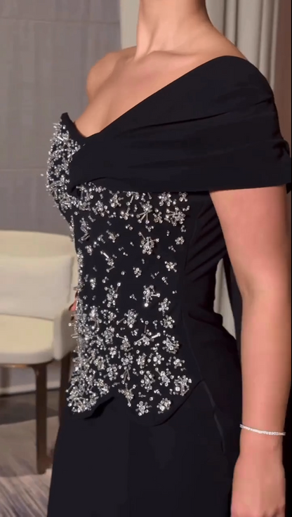 Beaded Peplum Bodice Gown with Drape
