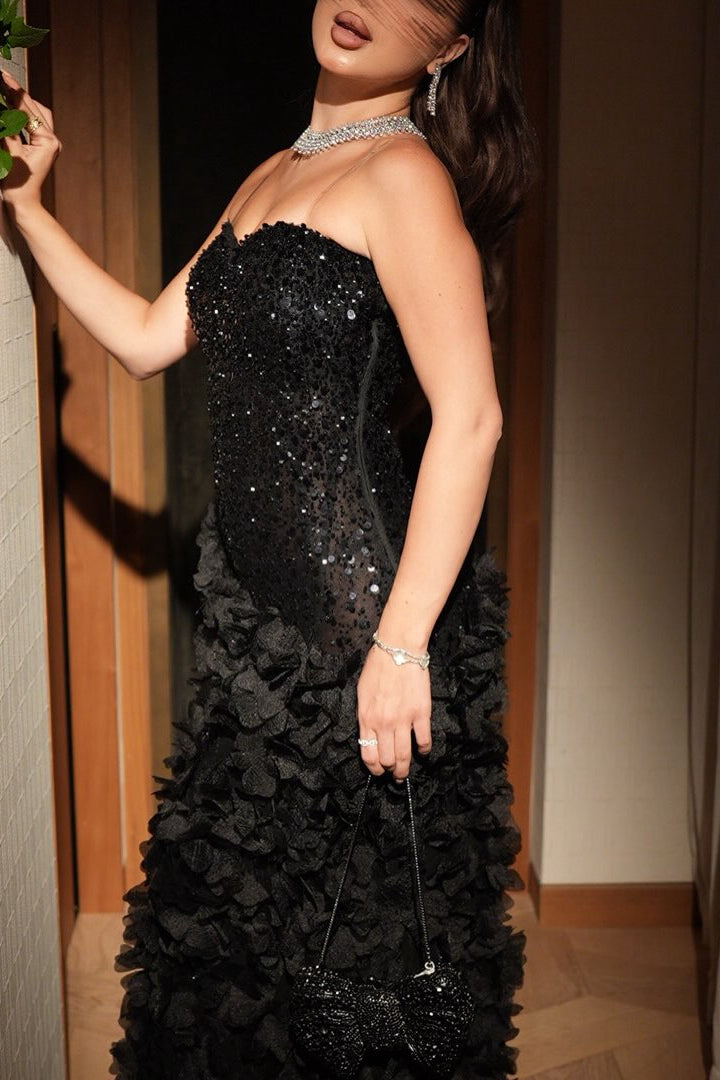 Sequin Sweetheart Gown with 3D Petal Skirt