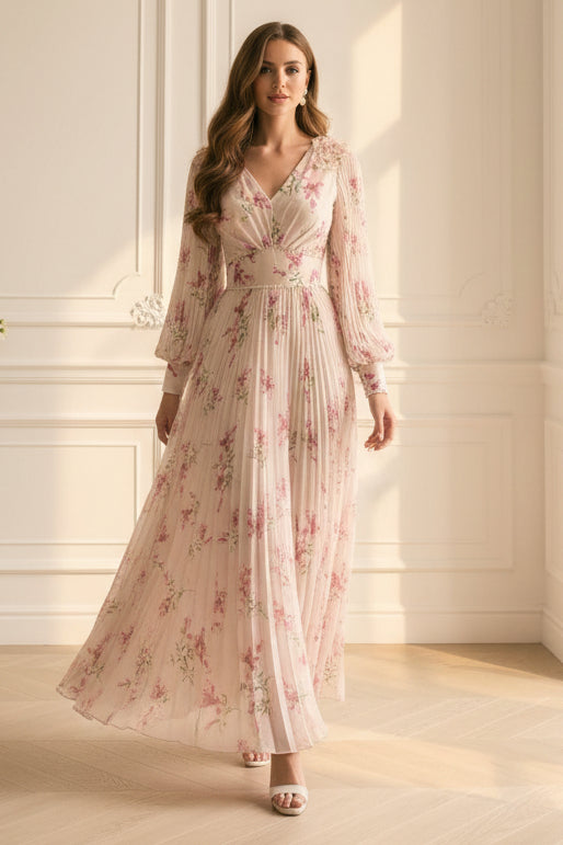Floral Chiffon Maxi Dress with Pleated Sleeves