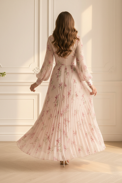 Floral Chiffon Maxi Dress with Pleated Sleeves