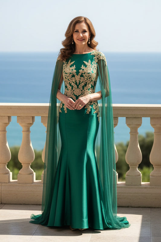 Cape Sleeve Mermaid Evening Gown with Lace Applique