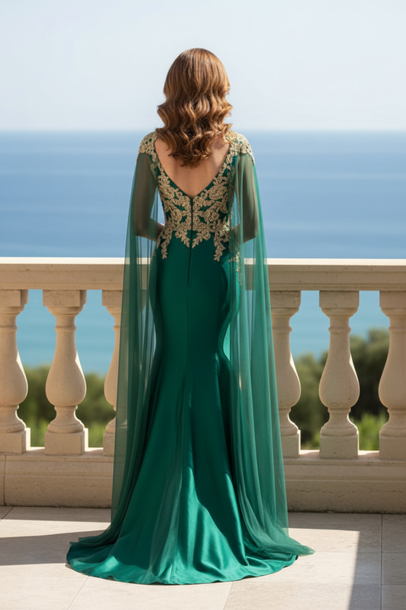 Cape Sleeve Mermaid Evening Gown with Lace Applique