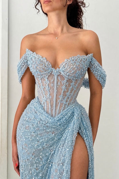 Off-the-Shoulder Beaded Corset Gown with High Slit