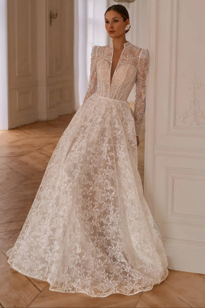Illusion Lace Long Sleeve A-Line Wedding Dress