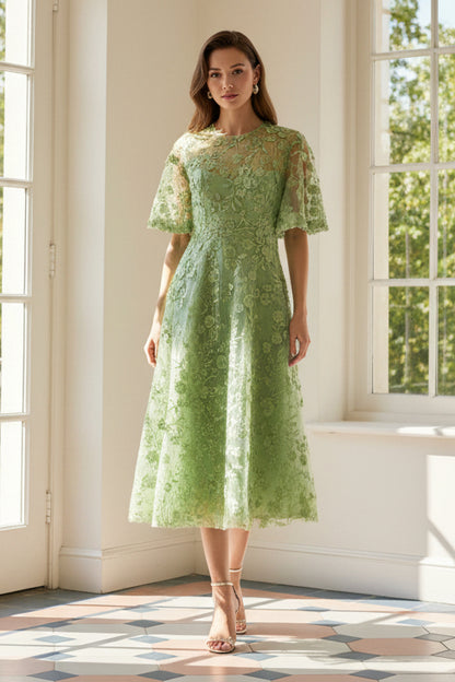 3D Floral Applique A-Line Midi Dress