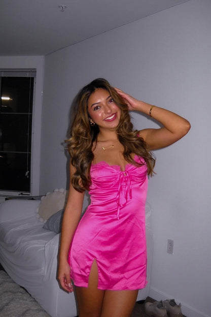 Tie-Front Satin Mini Dress with Front Slit