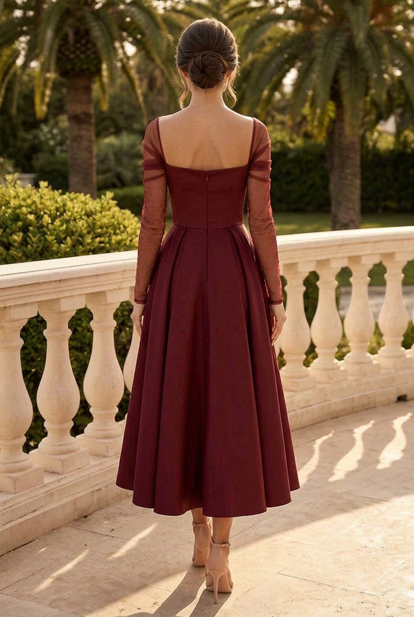 Bow Bodice Tea-Length Dress with Sheer Sleeves