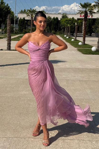 Strapless Sweetheart Pleated Evening Gown with Tie Back