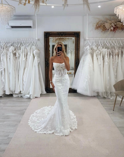 Strapless Lace Mermaid Wedding Dress with Overskirt