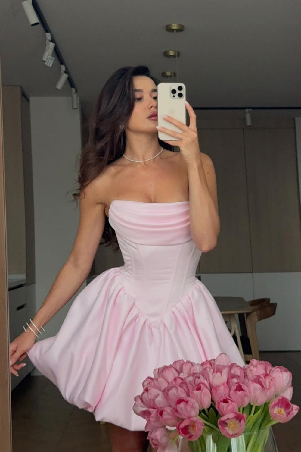 Strapless Satin Corset Bubble Mini Dress