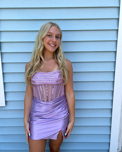 Sequin Corset Draped Satin Mini Dress