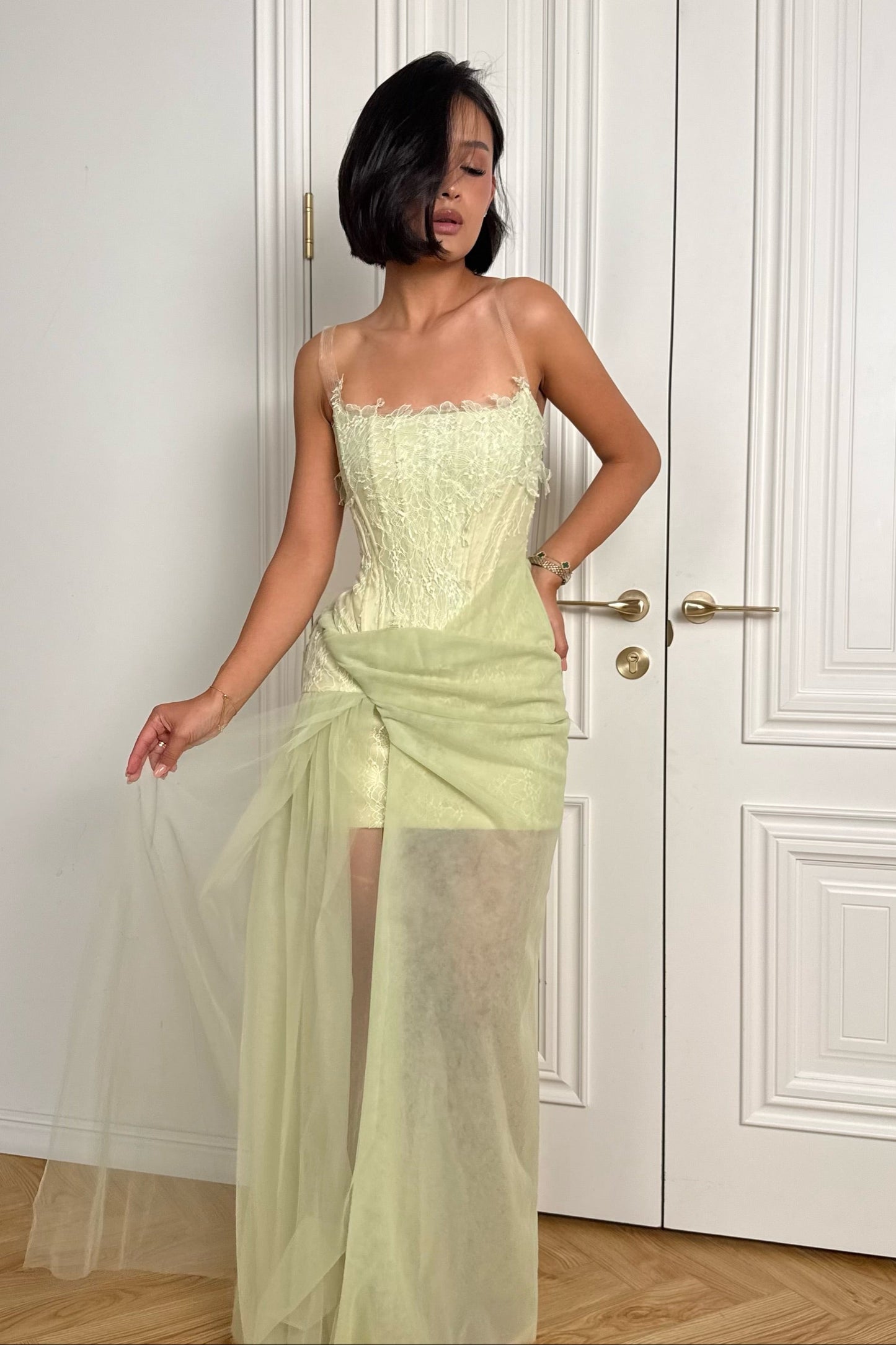 Corset Lace Maxi Dress with Draped Tulle Skirt