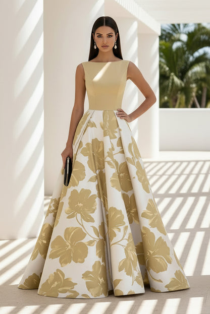 Sleeveless Floral Print A-Line Evening Gown