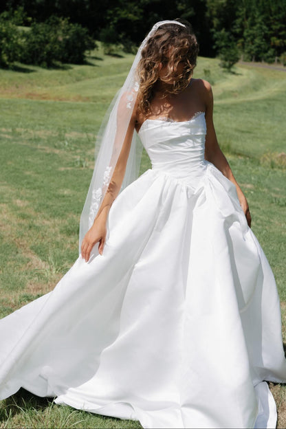 Strapless Ruched Satin Ball Gown Wedding Dress