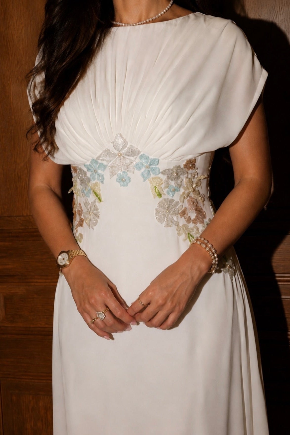 Pleated Bodice Gown with Floral Waist Embroidery