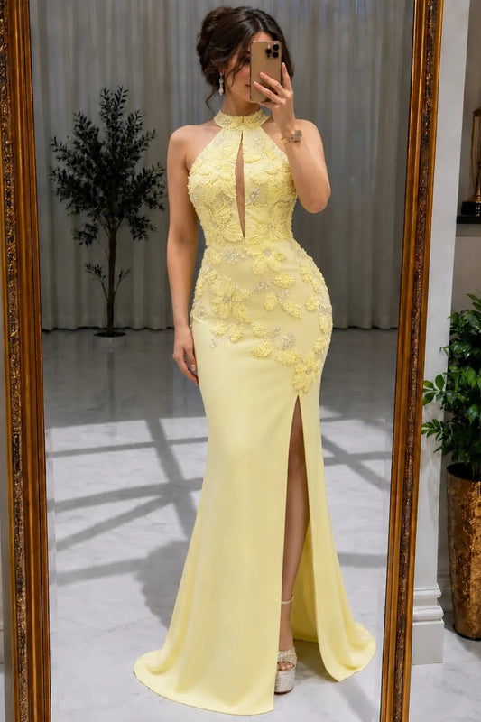 Halter Neck Keyhole Evening Gown with Appliques and Slit