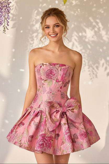 Strapless Jacquard Floral Mini Dress with Bow