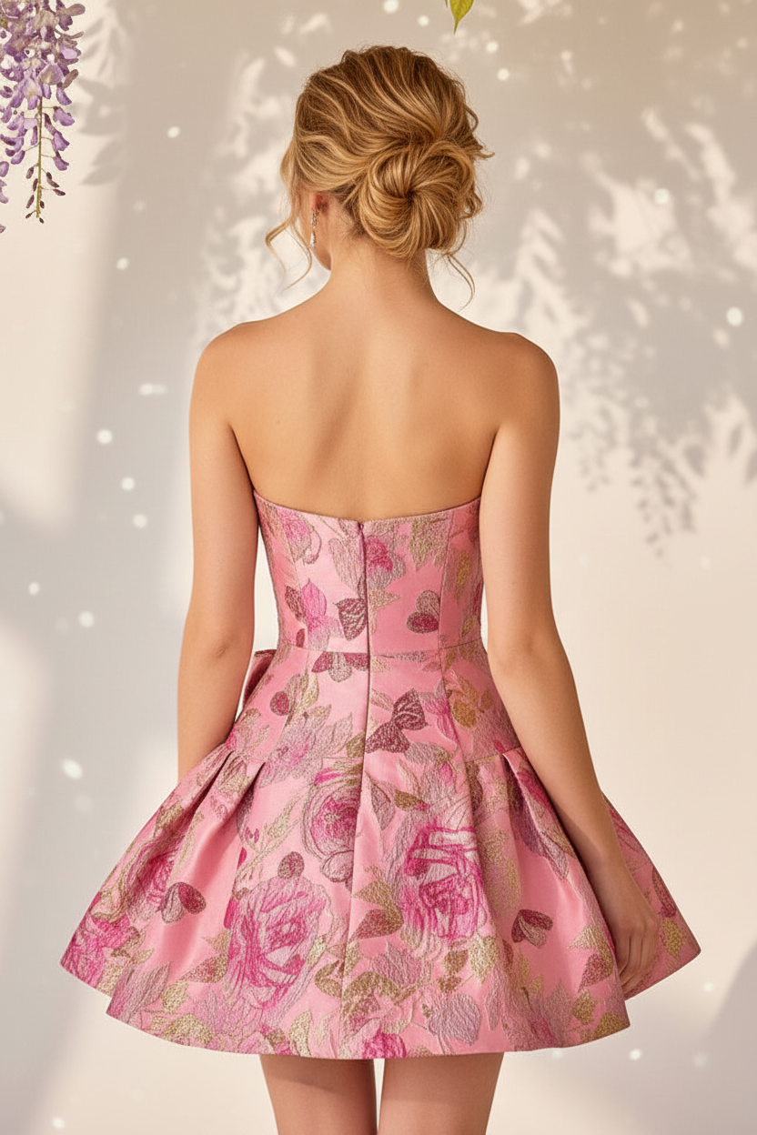Strapless Jacquard Floral Mini Dress with Bow