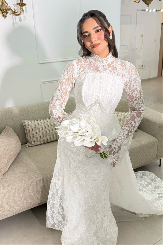 High Neck Lace Mermaid Wedding Dress with Train